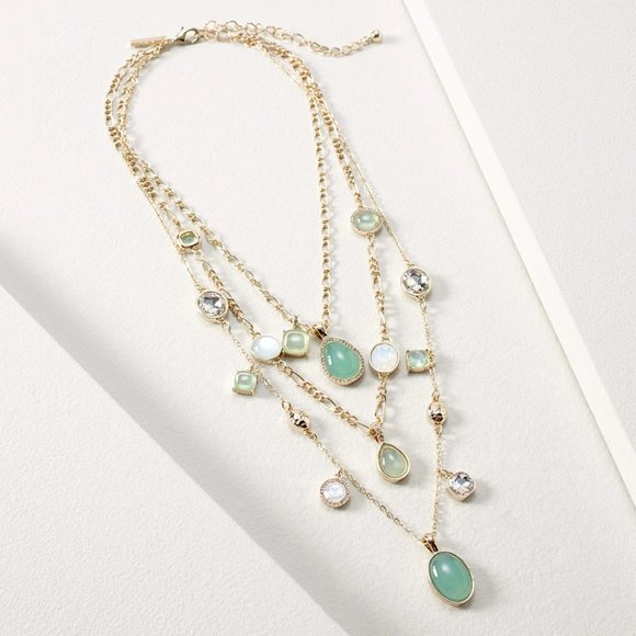 WHBM LAST ONE! Mint & Goldtone Triple Strand Necklace Aqua Color GORGEOUS - Picture 1 of 5